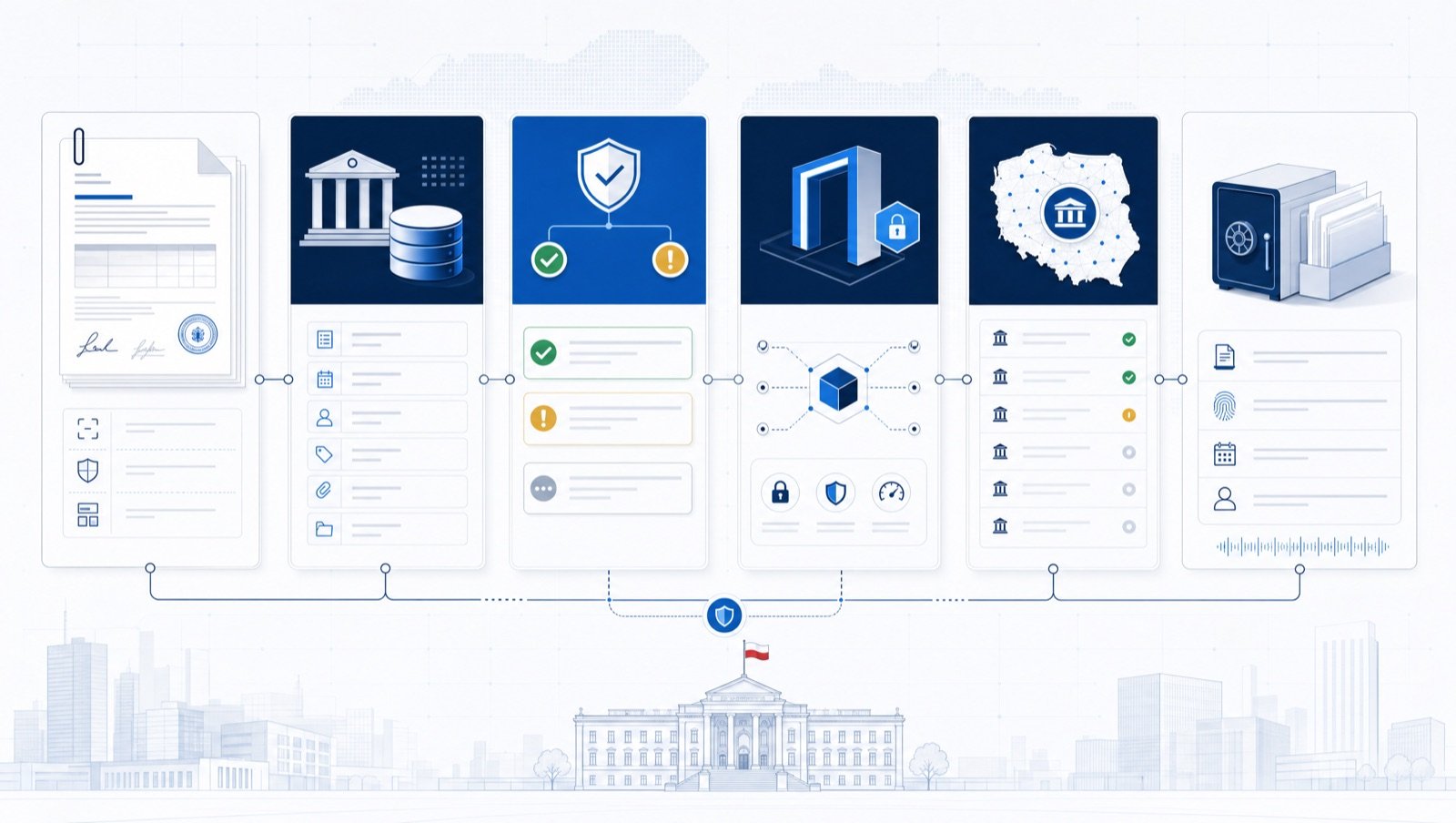 Schemat procesu CRU: dokument umowy, rejestr, kwalifikacja, bramka API, publikacja i archiwum audytowe.